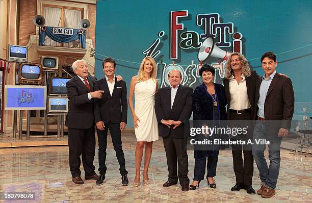 From left, Michele Guardì, Gabriele Cirillo, Adriana Volpe, Giancarlo Magalli, Marisa Laurito, Demo Morselli and Paolo Fox attend the 'I Fatti...