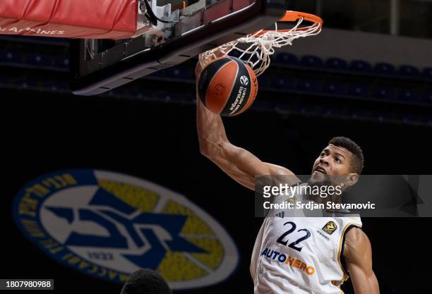 Walter Tavares, #22 of Real Madrid dunks the ball during the Turkish Airlines EuroLeague season 2023/2024 match between Maccabi Playtika Tel Aviv and...
