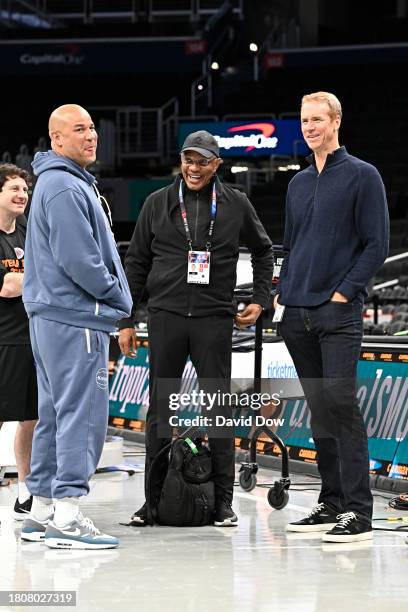 Assistant Coach Darren Erman of the New York Knicks, Assistant Coach Rock Brunson of the New York Knicks & Alvin Gentry looks on before the game...