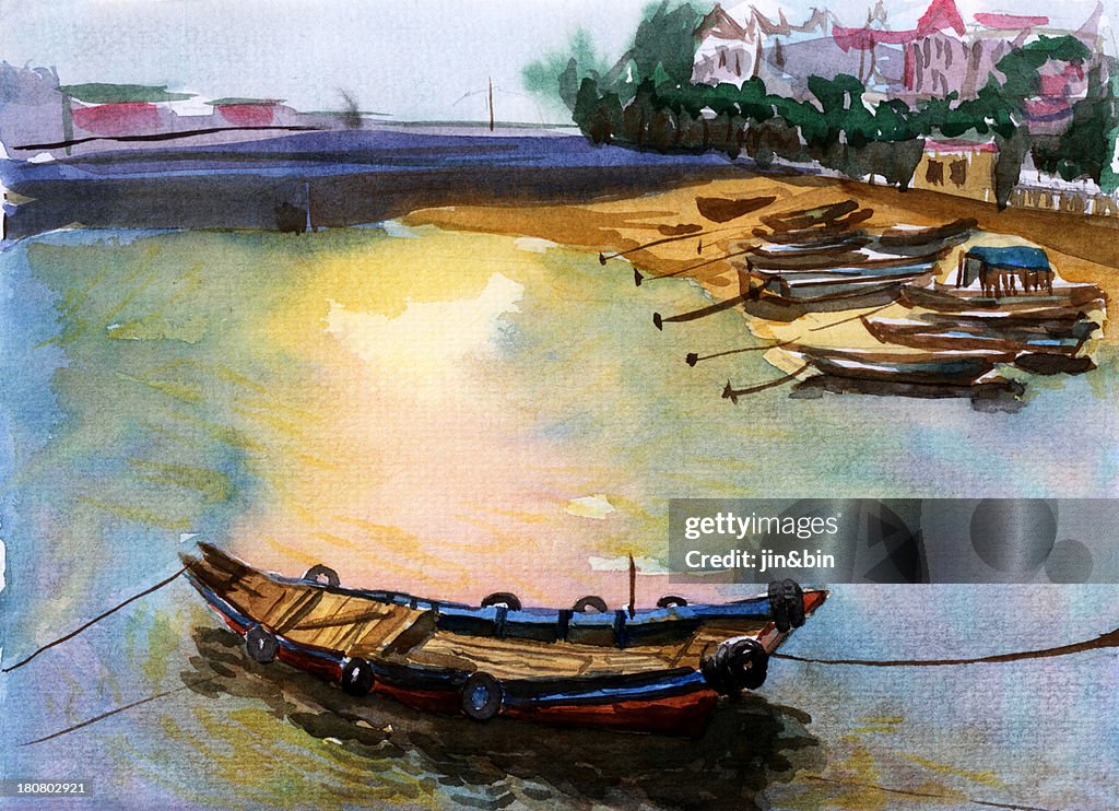 Watercolor boats at Xiamen beach