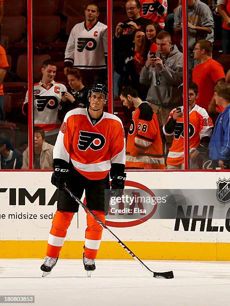 Vincent Lecavalier of the Philadelphia Flyers reacts after missing his shot during the overtime shoot out against the Washington Capitals at Wells...