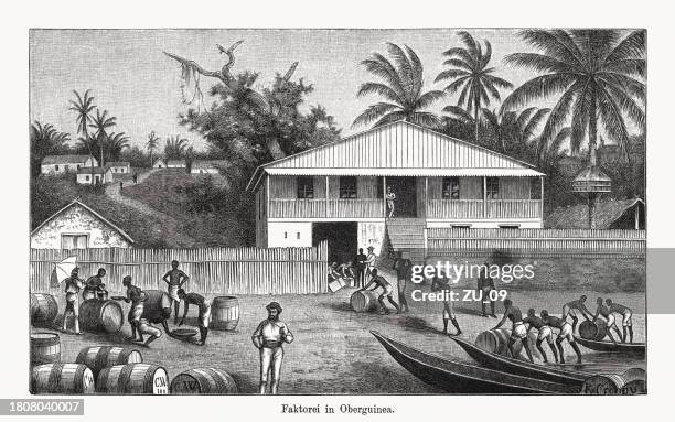 factory (trading post) in upper guinea, wood engraving, published 1894 - colonialism stock illustrations