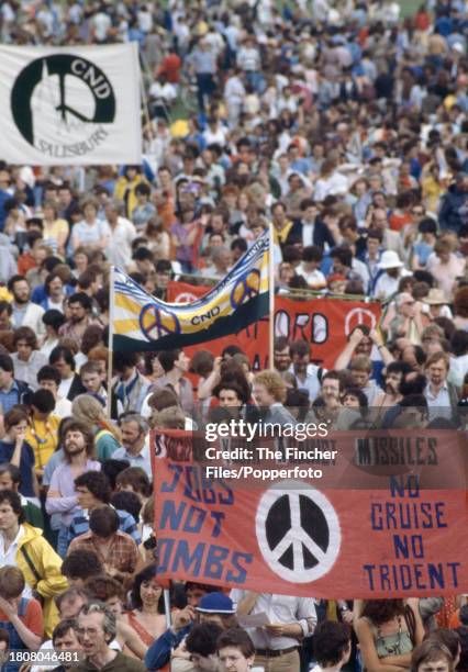 Campaign for Nuclear Disarmament rally in Hyde Park, London, circa 1983.