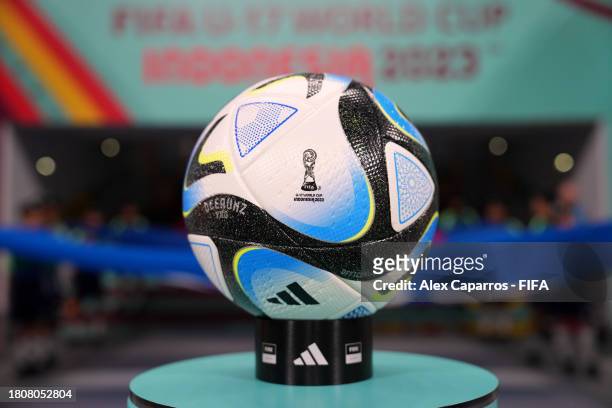 The Adidas Official Match Ball is seen on the plynth prior to the FIFA U-17 World Cup Group C match between England and IR Iran at Jakarta...