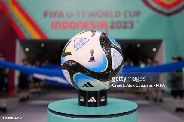 The Adidas Official Match Ball is seen on the plynth prior to the FIFA U-17 World Cup Group C match between England and IR Iran at Jakarta...