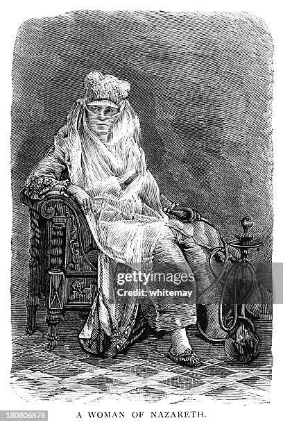 veiled middle eastern woman holding a hookah pipe - hubble bubble stock illustrations