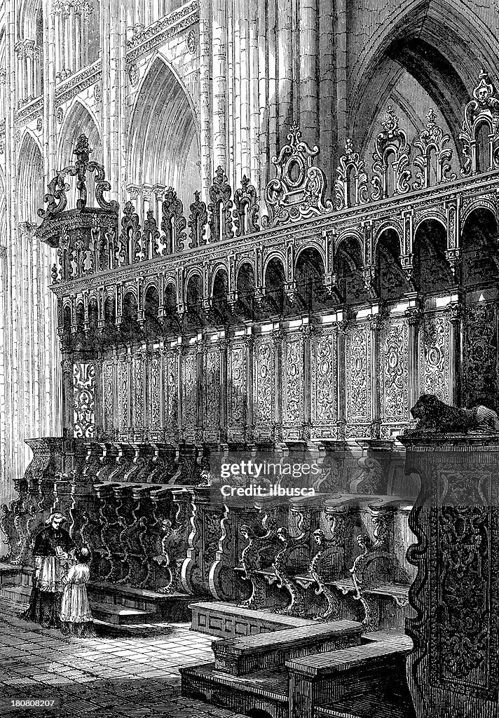 Antique illustration of inside Bayeux cathedral