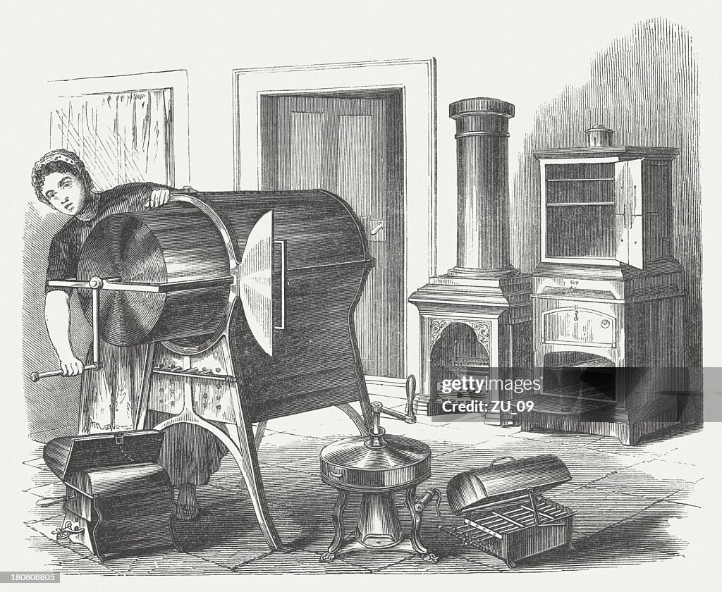 Old kitchen appliances, wood engraving, published in 1854