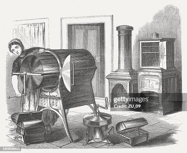 old kitchen appliances, wood engraving, published in 1854 - chinese kitchen stock illustrations