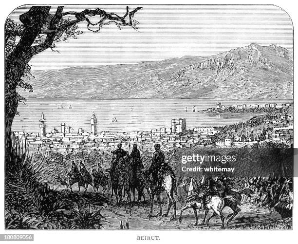 view over beirut - victorian illustration - riding camel stock illustrations