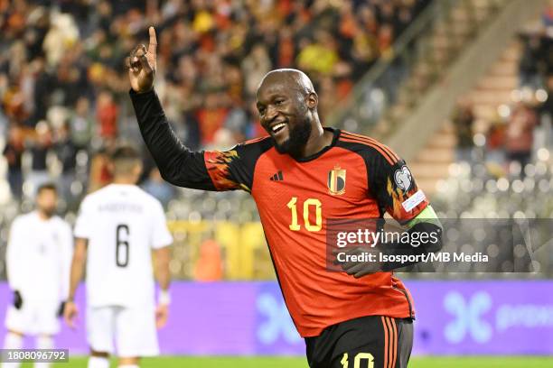 Romelu Lukaku of Belgium celebrates after scoring the 3-0 goal during a football game between the national teams of Belgium and Azerbaijan on match...