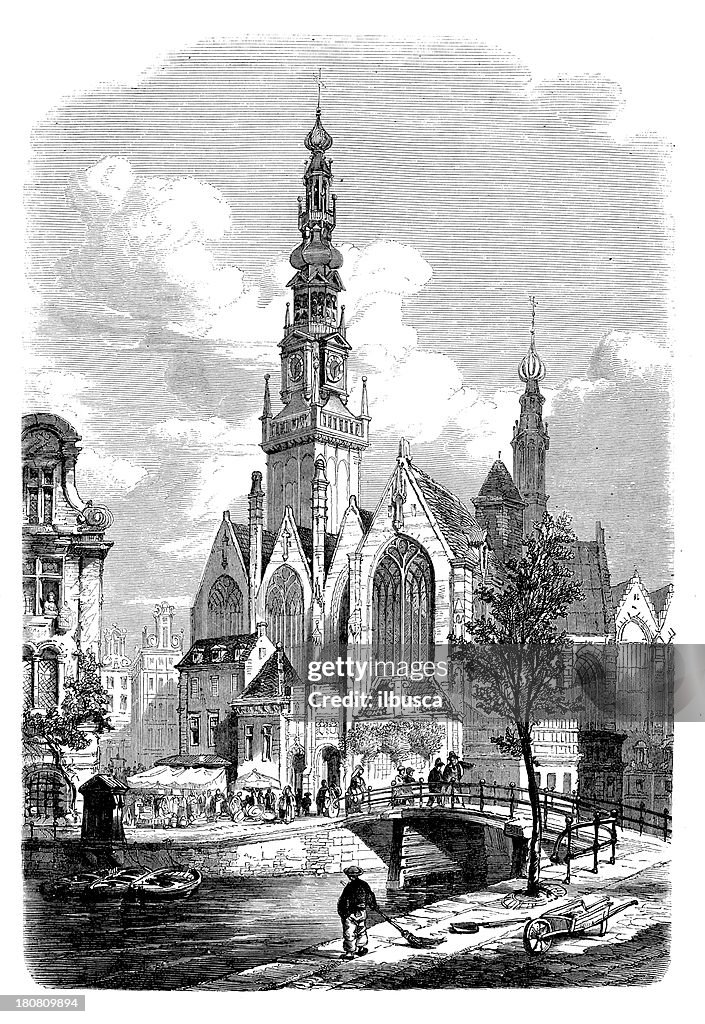 Antique illustration of old church in Amsterdam