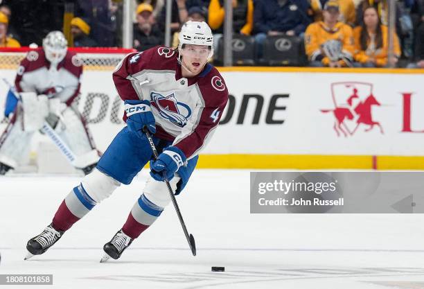 Bowen Byram of the Colorado Avalanche skates against the Nashville Predators during an NHL game at Bridgestone Arena on November 20, 2023 in...