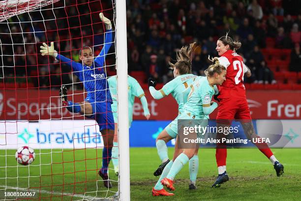 Larissa Crummer of SK Brann scores the team's first goal during the UEFA Women's Champions League group stage match between SK Brann and SK Slavia...