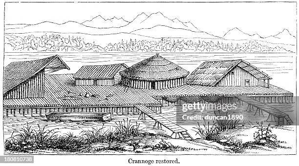 crannog - stone age stock illustrations
