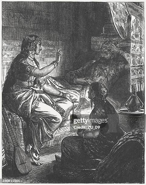 scheherazade tells her first fairy tale, wood engraving,published 1864 - storyteller stock illustrations