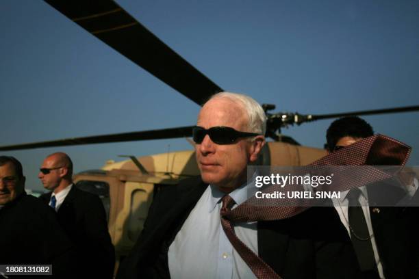 Republican presidential candidate John McCain arrives to the southern Israeli town of Sderot on March 19, 2008. McCain visited the rocket-battered...