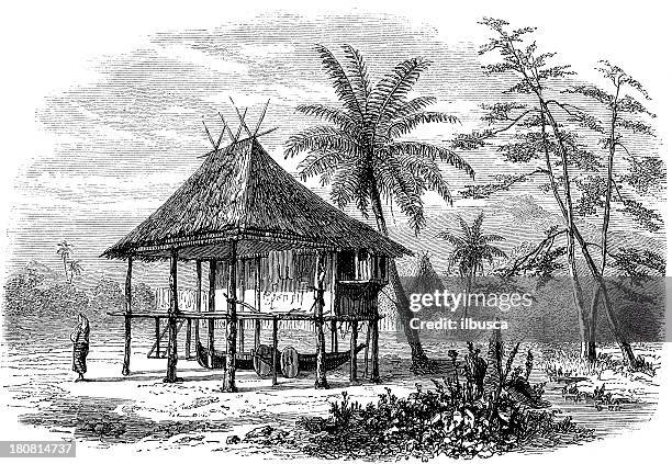 antique illustration of beach house in philippines - hut stock illustrations