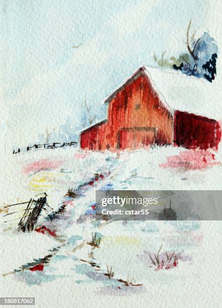 ilustraciones, imágenes clip art, dibujos animados e iconos de stock de de arte originales de acuarela barn en la nieve - establo
