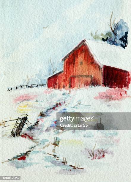 ilustrações de stock, clip art, desenhos animados e ícones de arte original aguarela celeiro na neve - galpao