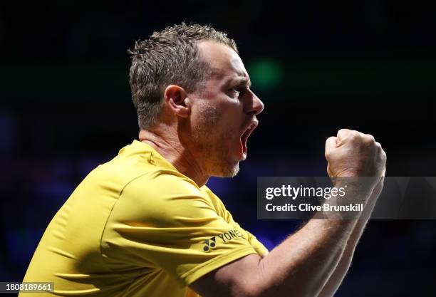 Lleyton Hewitt of Australia celebrates a point in the Davis Cup Quarter Final match against Czechia at Palacio de Deportes Jose Maria Martin Carpena...