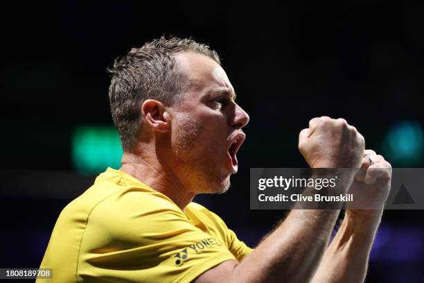 Lleyton Hewitt of Australia celebrates a point in the Davis Cup Quarter Final match against Czechia at Palacio de Deportes Jose Maria Martin Carpena...