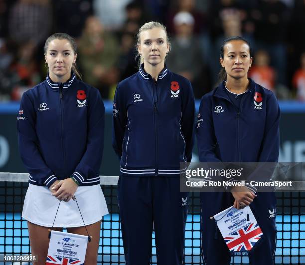 Great Britain's Jodie Burrage, Katie Boulter and Anne Keothavong during day 1 of the Billie Jean King Cup Play-Off match between Great Britain and...