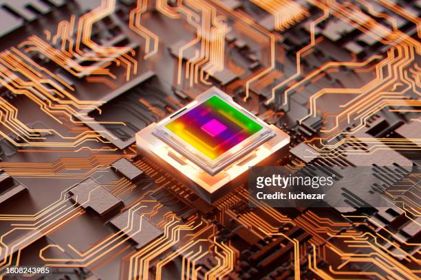 une puce électronique futuriste et des données numériques circulent. concept d’ia - quantum computer photos et images de collection