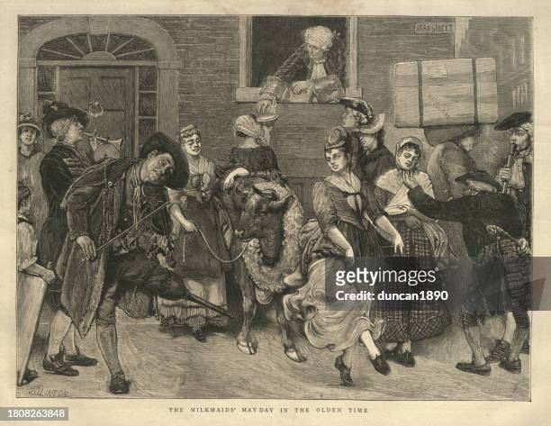 stockillustraties, clipart, cartoons en iconen met milkmaids may day procession, london 18th century, fiddler with peg leg, woman dancing, social history - may day international workers day