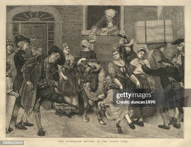 milkmaids may day procession, london 18th century, fiddler with peg leg, woman dancing, social history - labour day stock illustrations