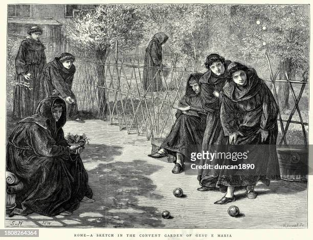 mönche spielen boule im klostergarten von gesù e maria, rom, 1872 19. jahrhundert - monk stock-grafiken, -clipart, -cartoons und -symbole