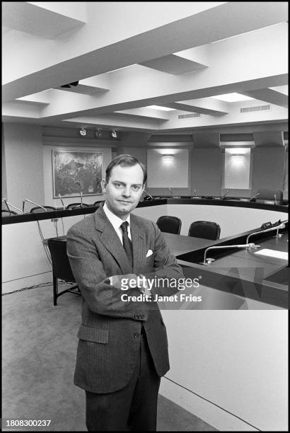 Portrait of American attorney Sven Erik Holmes as he poses in the US Senate Intelligence Committee's hearing room, Washington DC, December 1986.