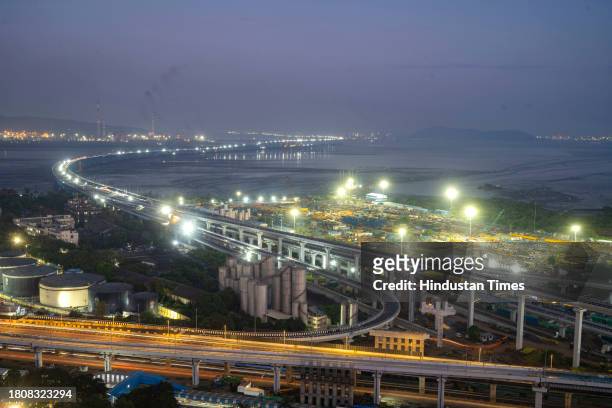 Evening view of the Mumbai Trans Harbour Link on November 28, 2023 in Mumbai, India.