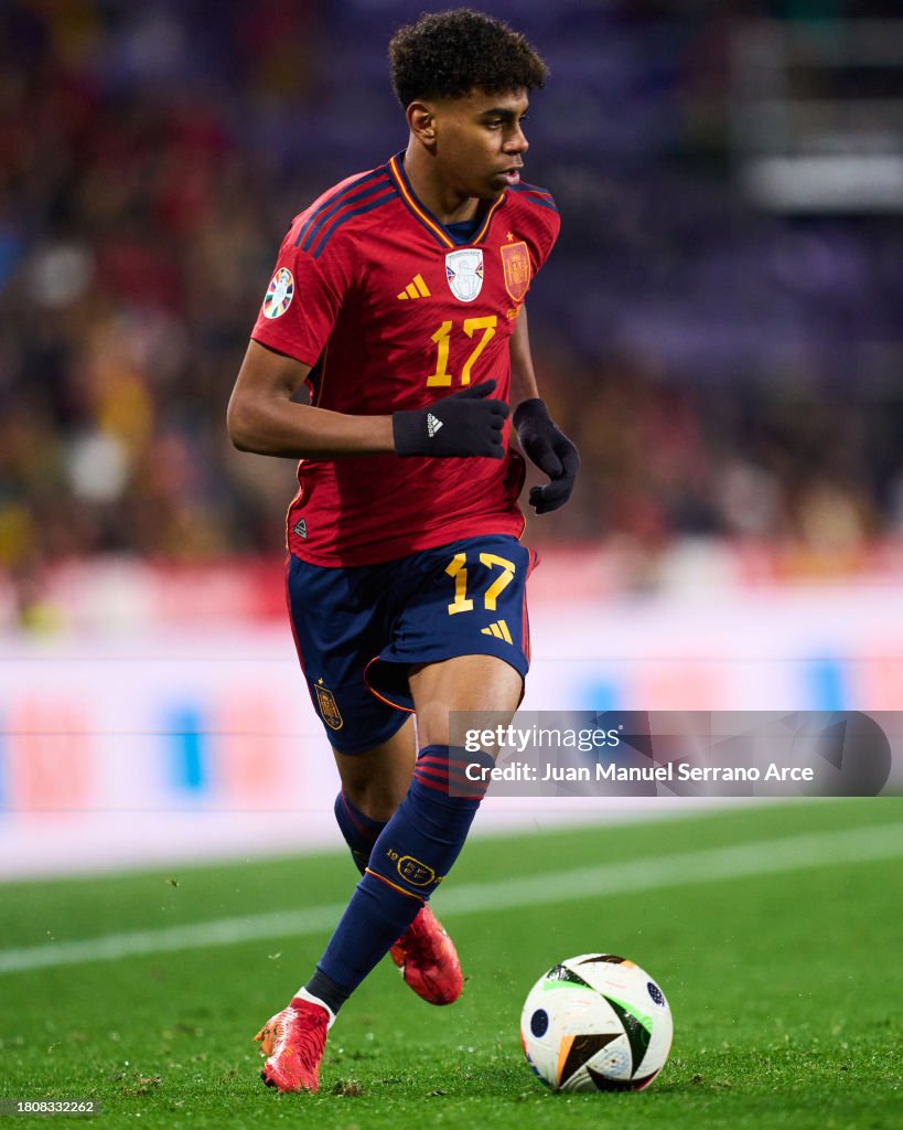 Lamine Yamal of Spain in action during the UEFA EURO 2024 European