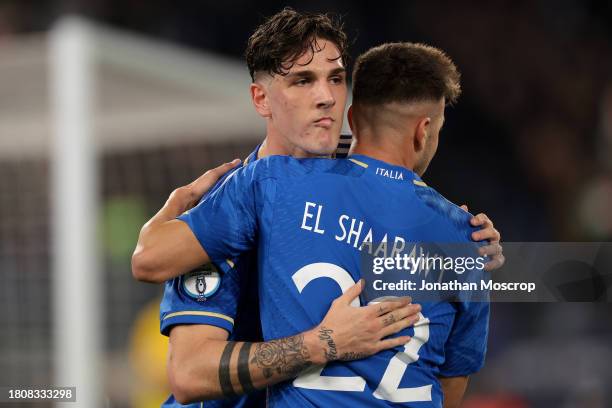 Stephan El Shaarawy of Italy celebrates with team mate Nicolo Zaniolo after scoring to give the side a 5-2 lead during the UEFA EURO 2024 European...