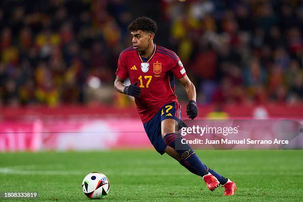 Lamine Yamal of Spain in action during the UEFA EURO 2024 European