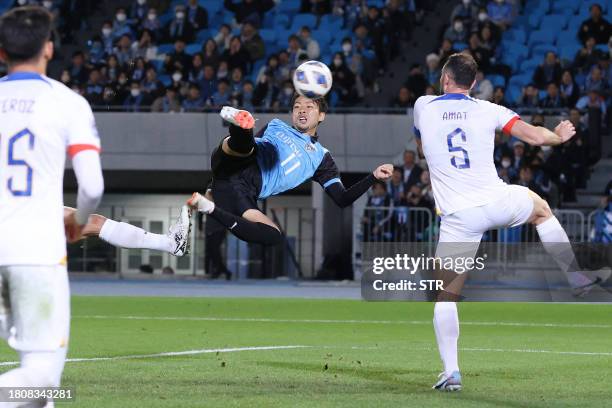 Kawasaki's Yu Kobayashi scores the team's fourth goal during the AFC Champions League group stage football match between Japan's Kawasaki Frontale...