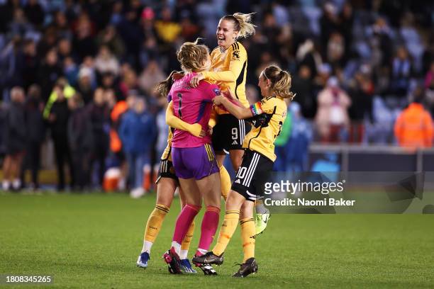 The players of Leicester City celebrate after winning the penalty shoot out following the FA Women's Continental Tyres League Cup match between...