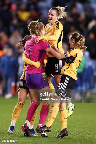 The players of Leicester City celebrate after winning the penalty shoot out following the FA Women's Continental Tyres League Cup match between...