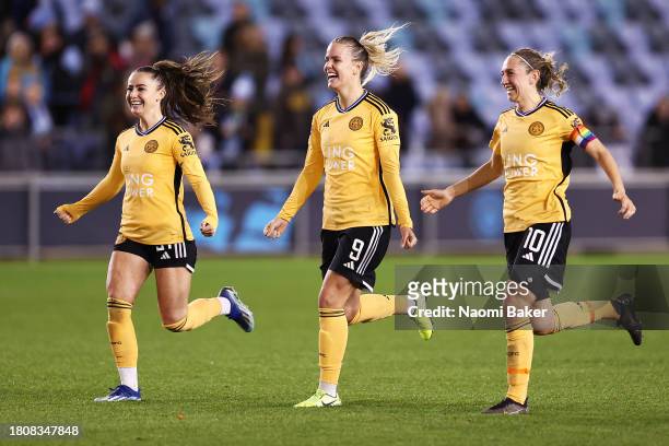 Hannah Cain, Lena Petermann and Aileen Whelan of Leicester City celebrate after winning the penalty shoot out following the FA Women's Continental...