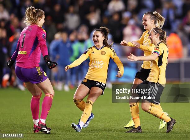 Janina Leitzig, Hannah Cain, Lena Petermann and Aileen Whelan of Leicester City celebrate after winning the penalty shoot out following the FA...