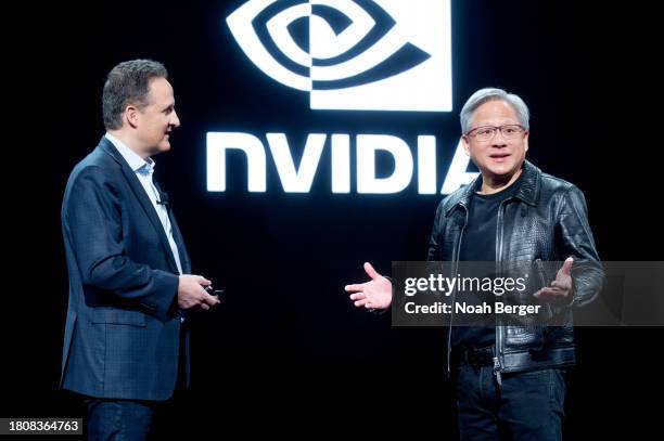 Amazon Web Services CEO Adam Selipsky and NVIDIA CEO Jensen Huang announce an expanded generative AI collaboration during AWS re:Invent 2023, a...