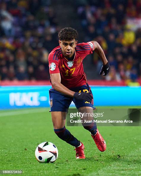 Lamine Yamal of Spain in action during the UEFA EURO 2024 European