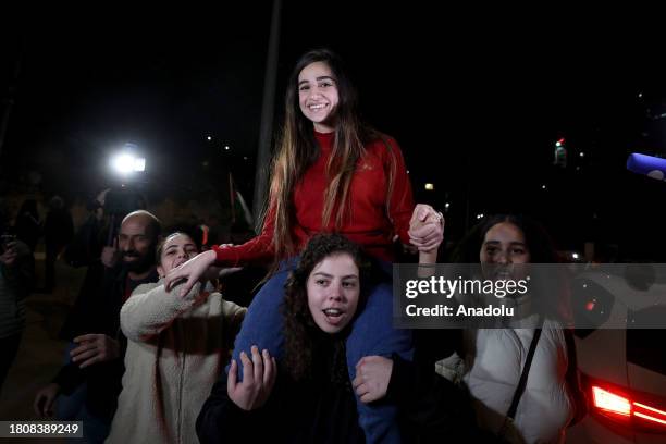 Palestinian hostages released from Israeli jails arrive in Ramallah, West Bank by a bus belonging to the International Committee of the Red Cross on...