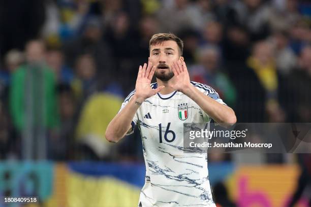 Bryan Cristante of Italy reacts during the UEFA EURO 2024 European qualifier match between Ukraine and Italy at BayArena on November 20, 2023 in...