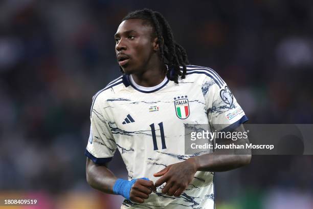 Moise Kean of Italy looks on during the UEFA EURO 2024 European qualifier match between Ukraine and Italy at BayArena on November 20, 2023 in...