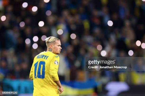 Mykhailo Mudryk of Ukraine during the UEFA EURO 2024 European qualifier match between Ukraine and Italy at BayArena on November 20, 2023 in...