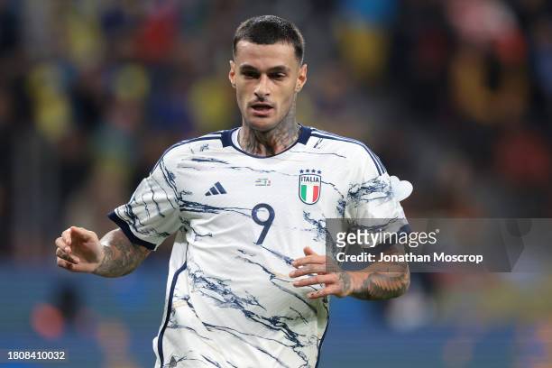 Gianluca Scamacca of Italy during the UEFA EURO 2024 European qualifier match between Ukraine and Italy at BayArena on November 20, 2023 in...