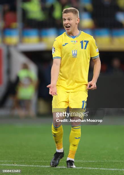 Oleksandr Zinchenko of Ukraine reacts during the UEFA EURO 2024 European qualifier match between Ukraine and Italy at BayArena on November 20, 2023...