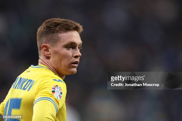 Viktor Tsygankov of Ukraine looks across his shoulder during the UEFA EURO 2024 European qualifier match between Ukraine and Italy at BayArena on...